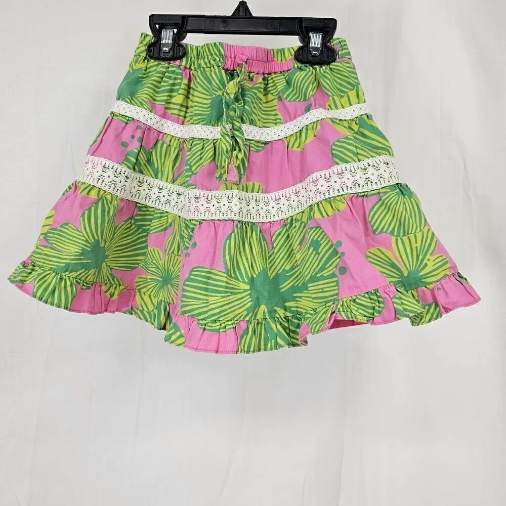 Lilly Pulitzer VTG White Label Pink Green Tier Skirt Lace Bow Ruffle Sz 6 Floral
